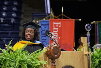 Kimberly Bryant, founder and executive director of Black Girls Code, gives the address at the  School of Engineering Commencement ceremony at Gampel Pavilion 